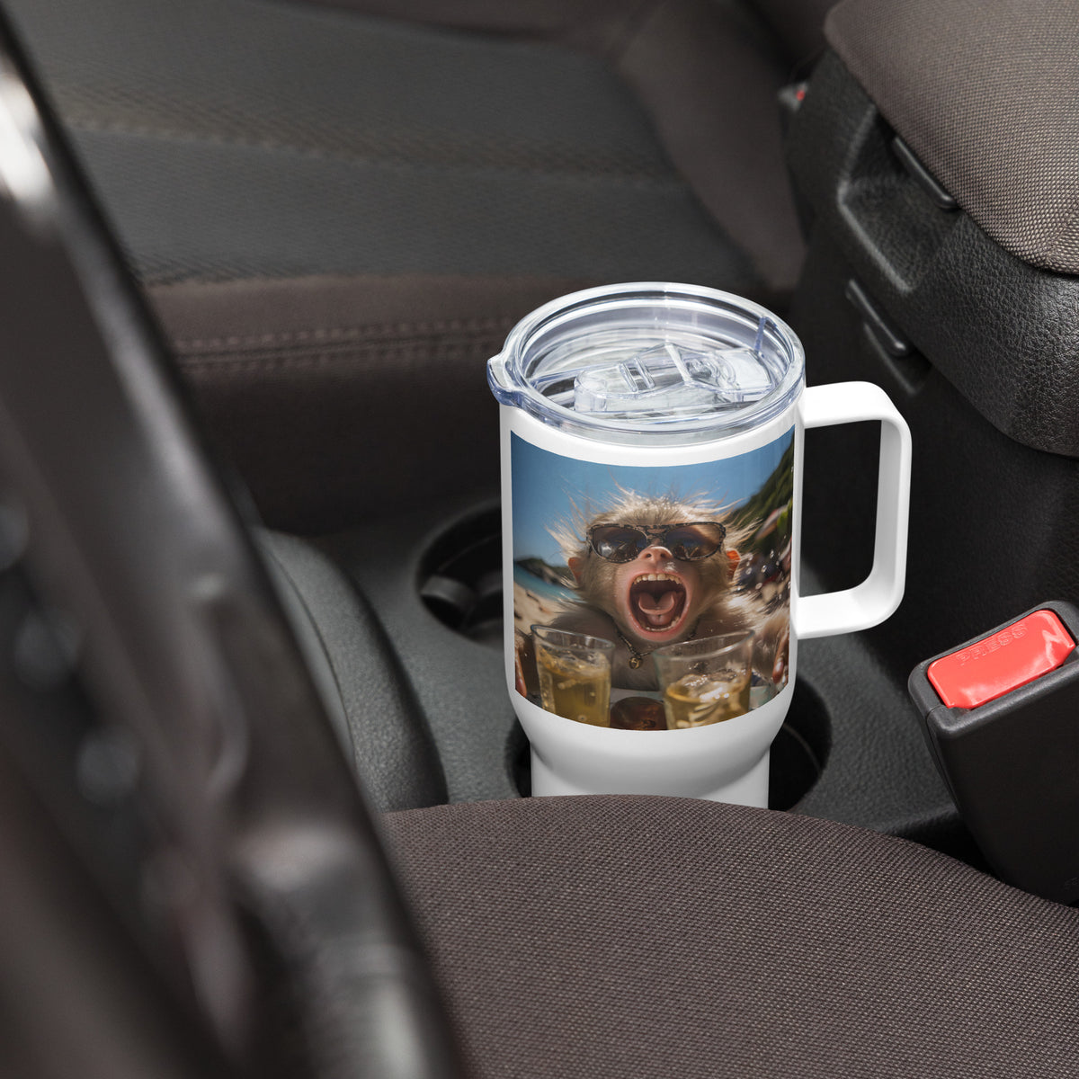 Monkey Laughing travel mug with a handle